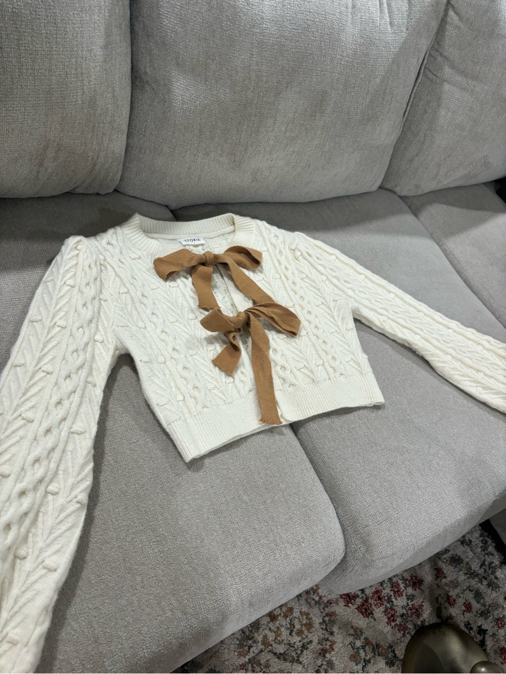 Storia Cream Cable-Knit Cropped Cardigan with Brown Ribbon Ties - Picture 3 of 5